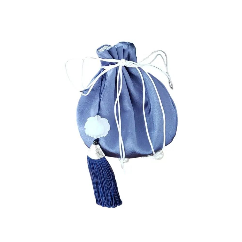 Pure Color Hanfu Tassel Drawstring Bag Flower Pendant Pearl Beaded Canvas Ethnic Handbag Korean Style Mini Coin Purse