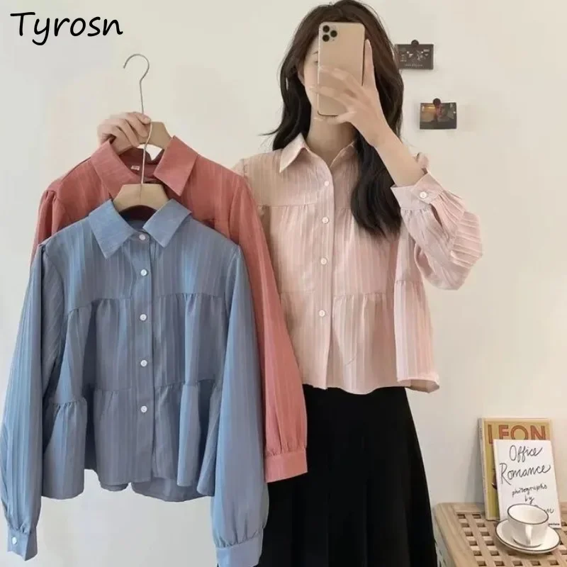 

Long Sleeve Shirts Women Spring Summer Tops Short Chic All-match Solid Korean Style Single Breasted Loose Female Gentle Preppy