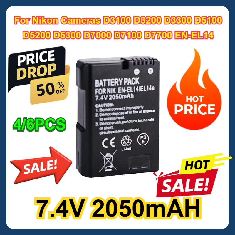 

4/6PCS For Nikon Cameras D3100 D3200 D3300 D5100 D5200 D5300 D7000 D7100 D7700 EN-EL14 7.4V 2050mAH Battery Suitable