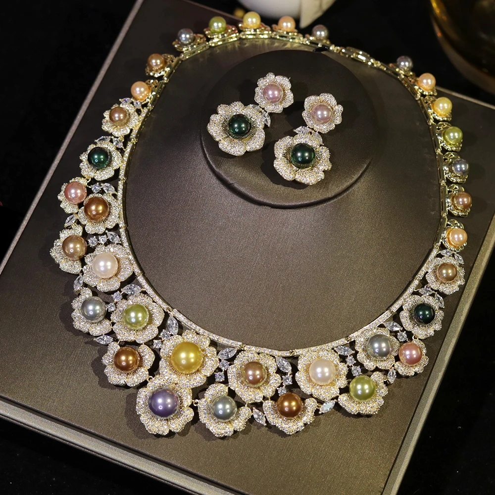 High Quality Zircon Pearls Jewelry sets Luxury Designer Flower Necklace Women Sparkling Dubai Bridal Party Costume Accessories