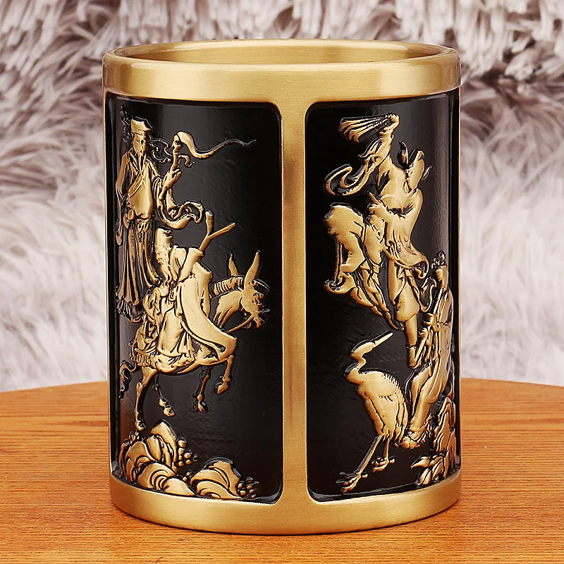 Brass Pen Holder Office Study Desktop Decoration Eight Immortals Crossing the Sea Plum Blossoms Orchids Bamboo and Chrysanthemum