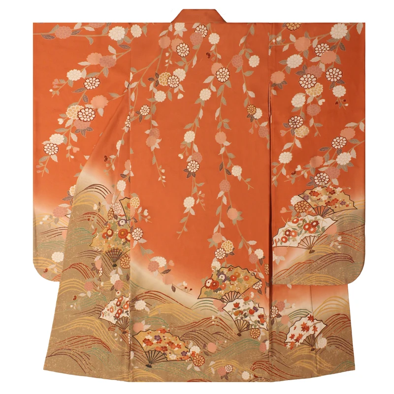 Japanese Retro Single Kimono Orange Chrysanthemum Pattern