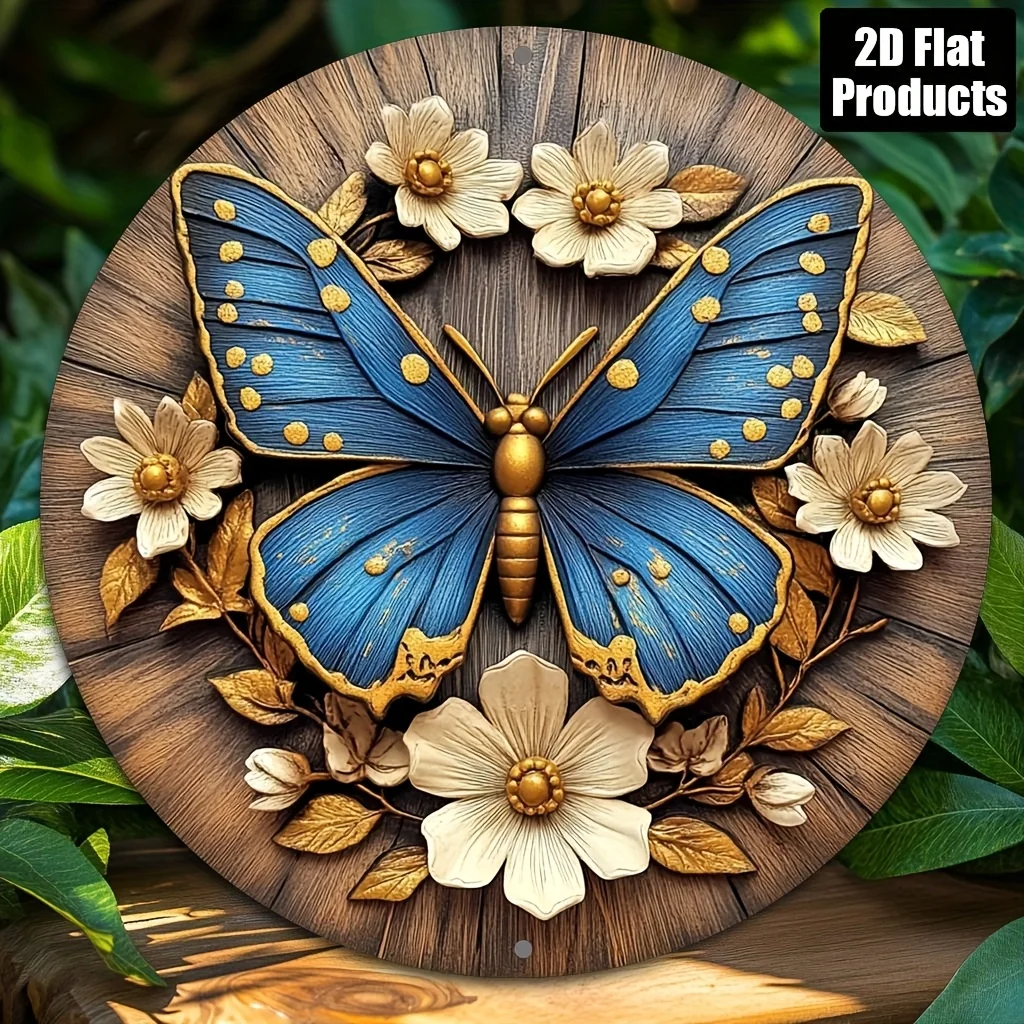 

2D Flat - [2D Flat] 1pc, 2D Flat Printing, Butterfly Theme, Round Aluminum Metal Decorative Plaque Sign, Home Decoration, Suitab