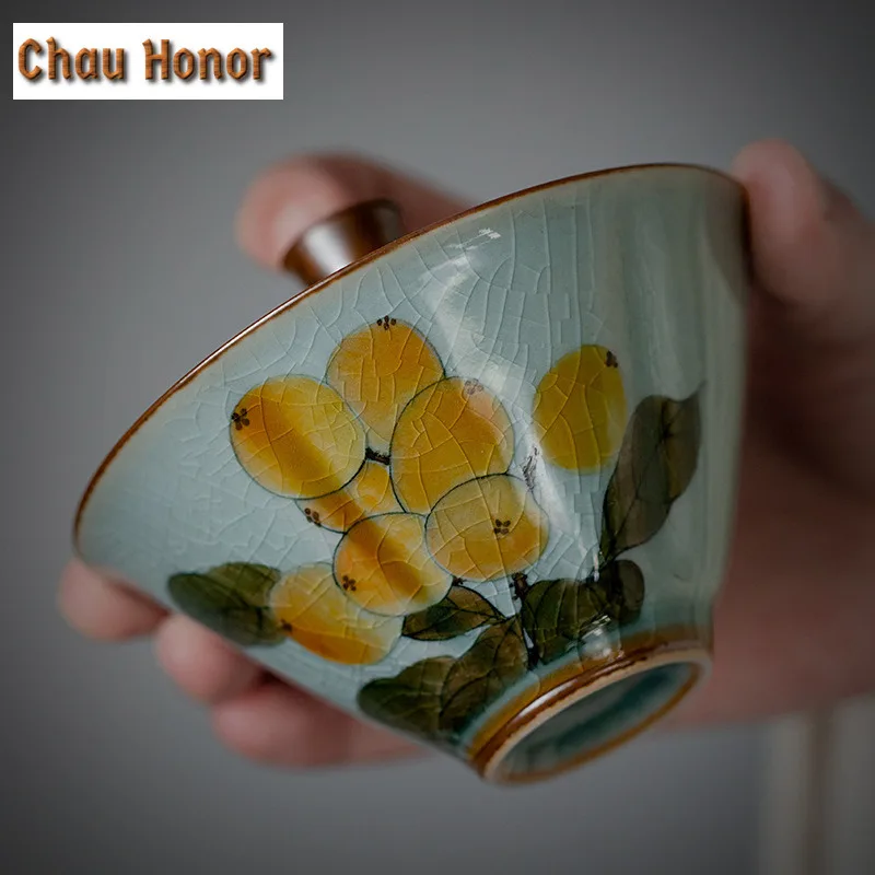 100ml Boutique Borneol Glaze Ceramic Tea Tureen Pure Hand-painted Loquat Art Sancai Covered Bowl Tea Maker Gaiwan Kung Fu Teaset