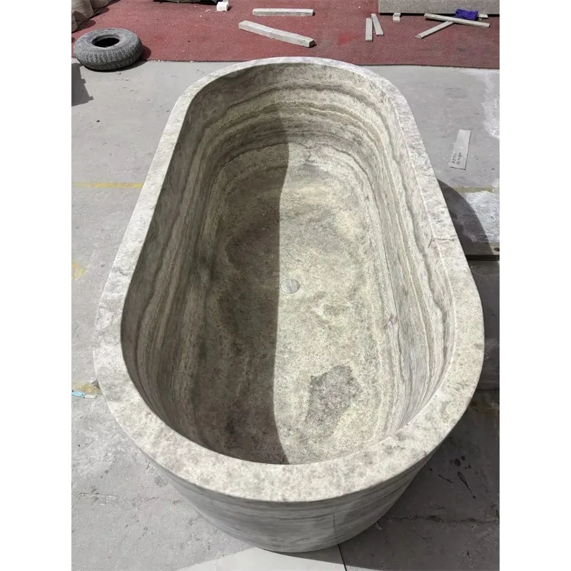 Modern Travertine Freestanding Bathtub Oval Stone Soaking Tub Natural Style For Luxury Bathroom