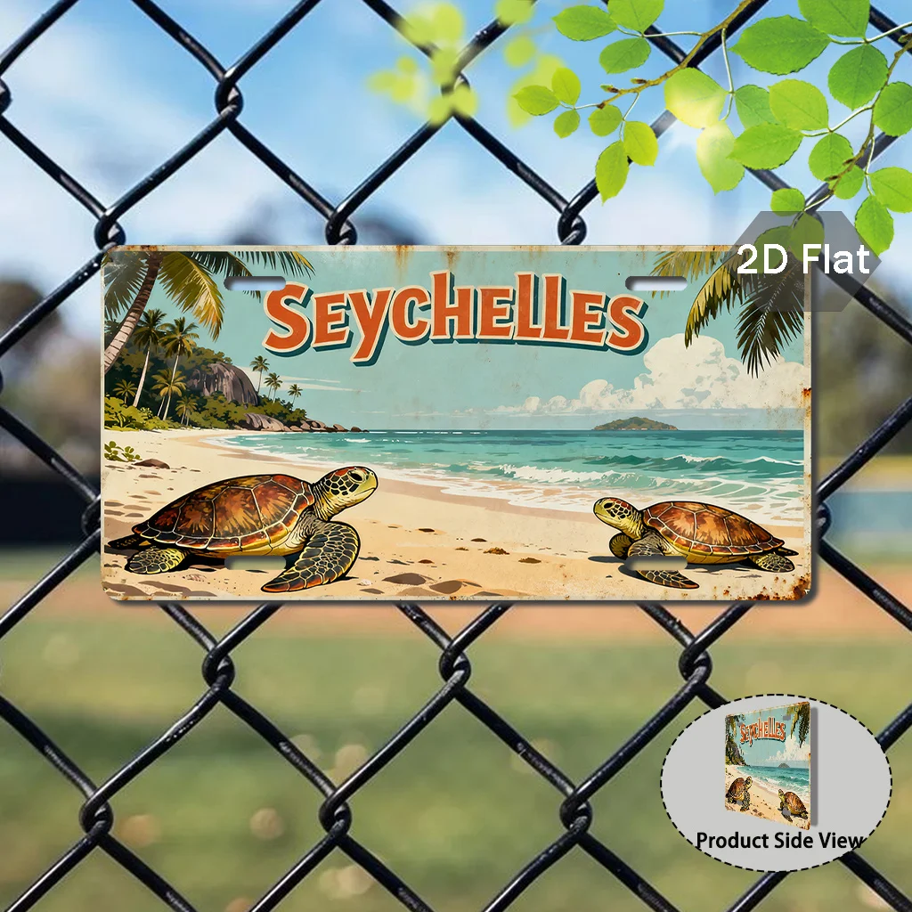 2D Flat, Retro Seychelles Island Wall Art Sign Aluminum Retro Beach Decor, Turtle and Palm Tree Design, Perfect for Rooms, Bars