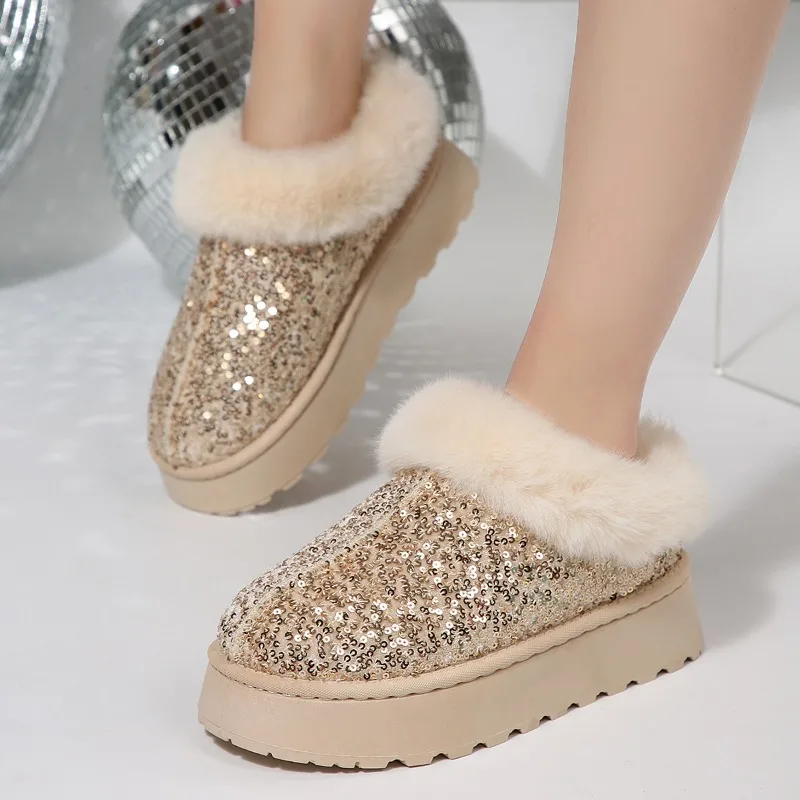 Botas de nieve cálidas de un solo paso para Mujer, botas cortas informales gruesas y ligeras con lentejuelas, cómodas para exteriores, Invierno 2025