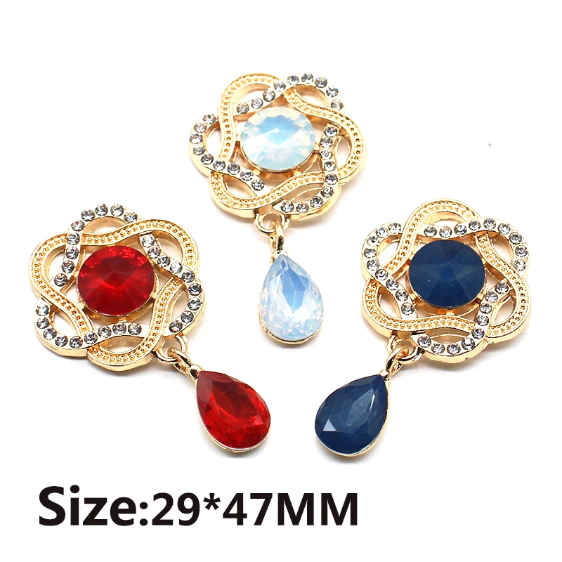 Fashion 29*47mm 10Pcs Flower Shaped Alloy Golden Shiny Rhinestone DIY Ladies Brooch Costume Decoration Decoration Accessories