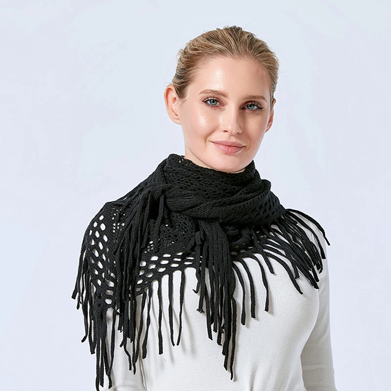 Fashion Knitted Tassels Hollow Triangle Scarf Solid Color Soft Cotton Wraps Air-conditioned Room Capa Simple Elegant Scarf Shawl