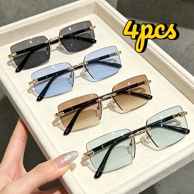 4‑Pack Men & Women Rimless Square Decorative Eyeglasses, Fashion Casual Daily Wear, Great for Couple Presents