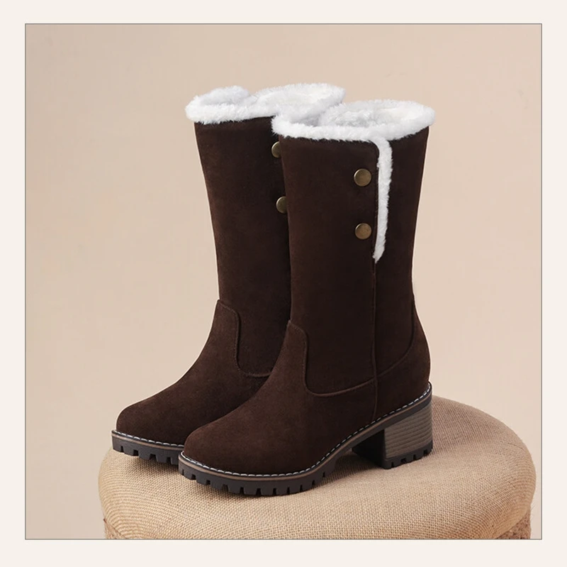 

SIMLOVEYO Women Cowboy Snow Boots Round Toe 5.5cm Heel Flock Wide Leg British Vintage Fur Slip On Spring Big Size 43 US12