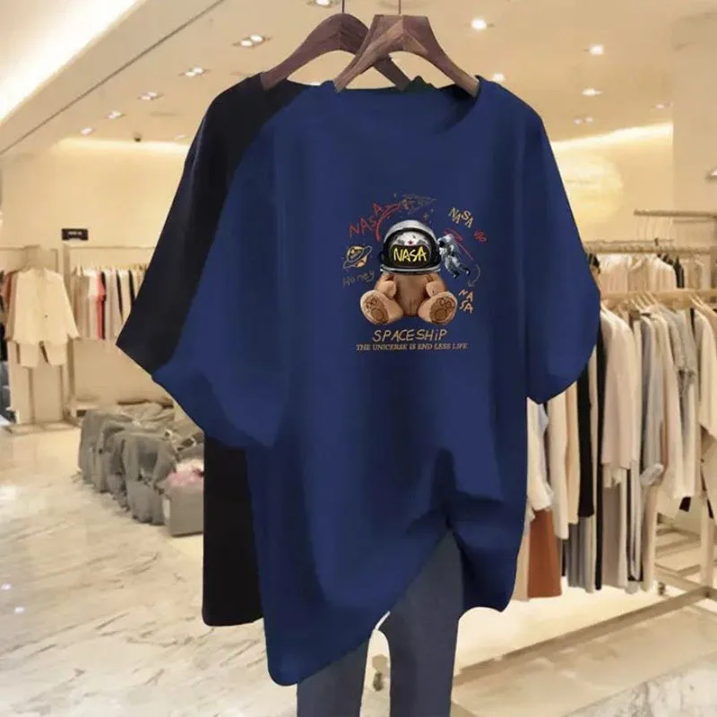 Ropa de mujer, camiseta de gran tamaño de estilo europeo de algodón puro, camiseta informal holgada de manga corta, jerséis con estampado elegante para mujer