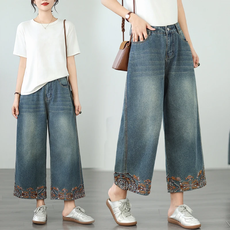

Новые летние джинсы с вышивкой, 8-точечные брюки с эластичной резинкой на талии, прямые тонкие повседневные женские джинсы высокого качества