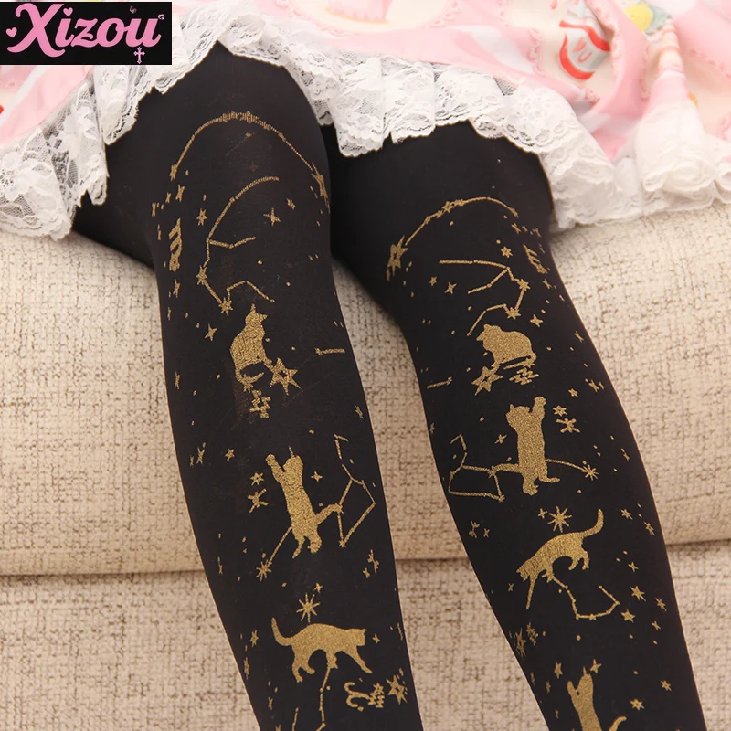 Original Japanese Lolita Lady Lolita Bronzing Sweet Pantyhose Soft Girl Velvet Star-picking Cat Bottoming Stockings for Women