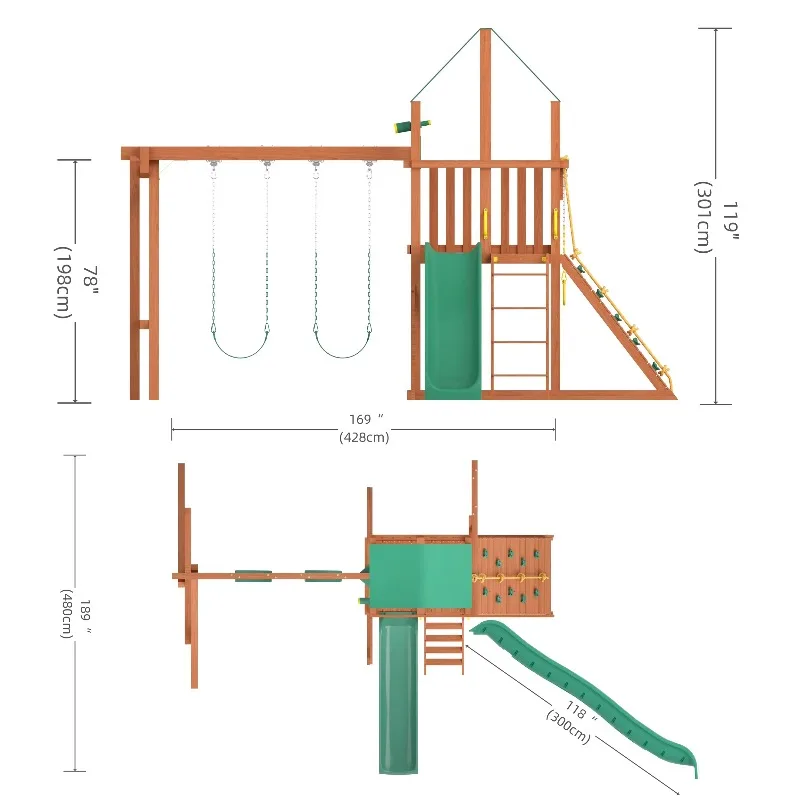 مجموعات أرجوحة وشرائح خشبية للأطفال في ملعب للبيع في الفناء في الهواء الطلق إطار تسلق خشبي مجموعة أرجوحة خشبية مع ملحقات بلاستيكية #3