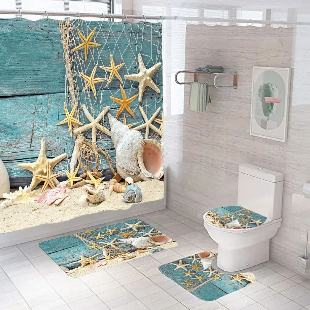 4pcs Beach Shells Shower Curtains Set Summer Waterproof Shower Curtain Anti-slip Mat Toilet Cover Set Marine Style Bathroom Deco