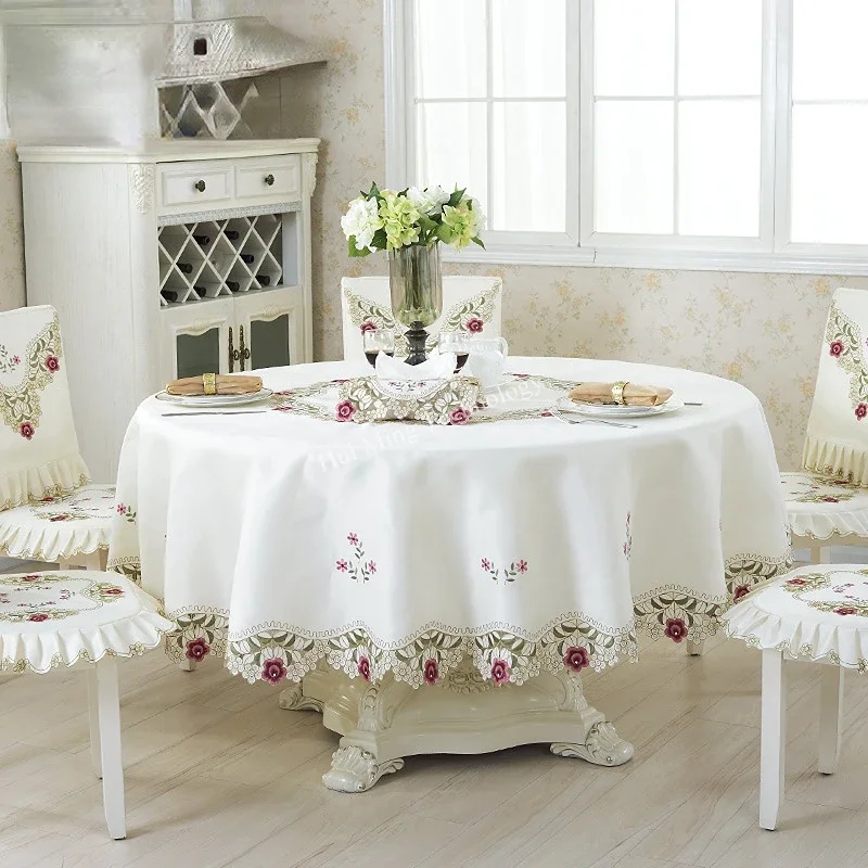 Table Cloth Luxury Embroidered Round Tablecloth For Table Juppe Dining Table Cover Fresh Flower Rose Chair Cover Home Decoration