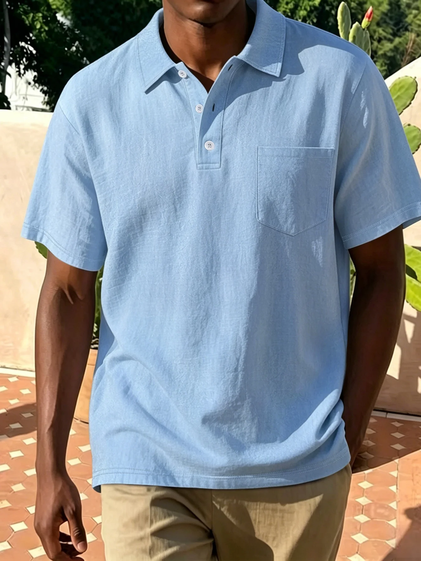 Herren-Poloshirt aus Baumwolle und Leinen, kurzärmelig, Brusttasche mit einem Knopf, Dreiknopfkragen, lässiges Hemd, atmungsaktiv, für den Sommer – Detail 14