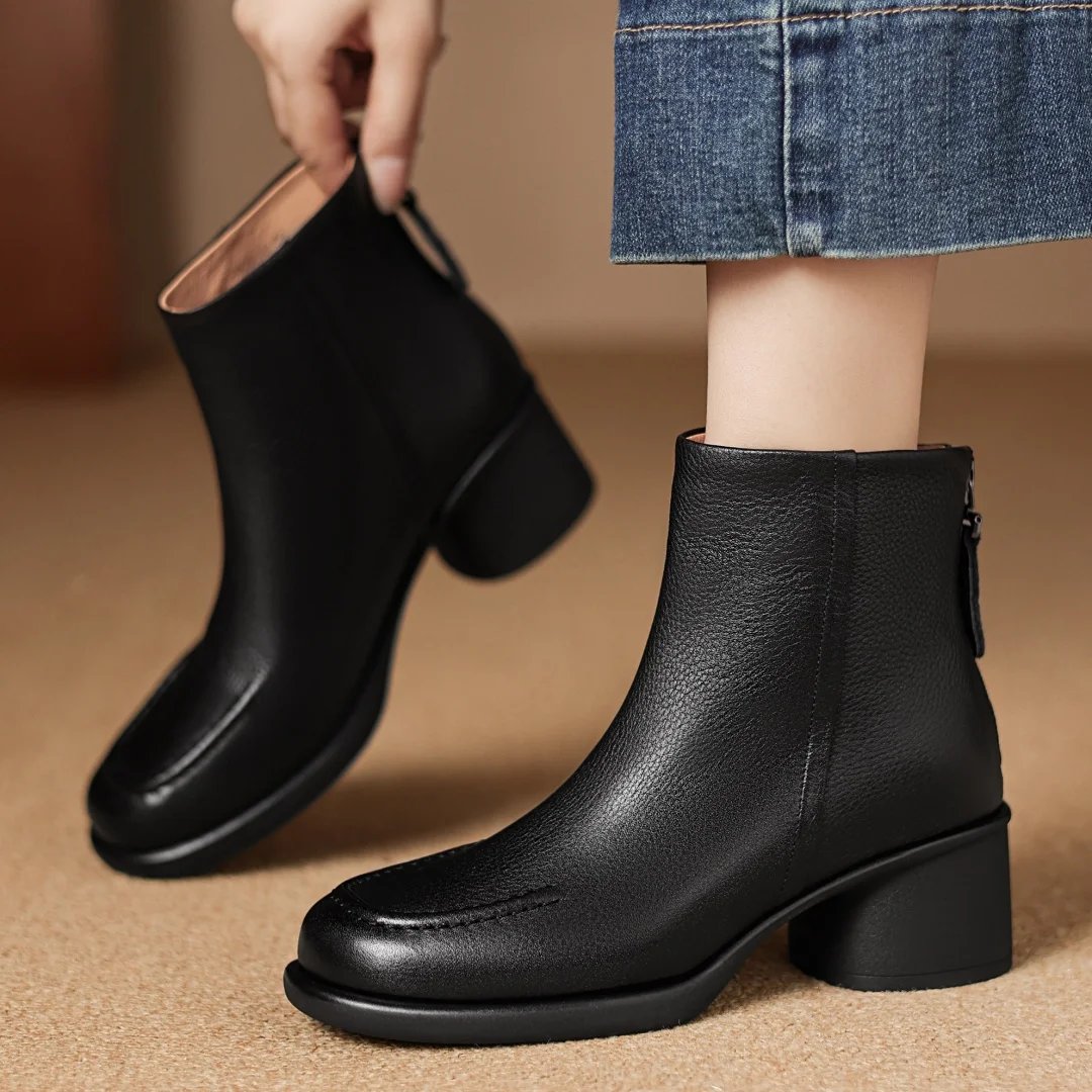 

Women's cow leather square toe back zip autumn ankle boots 5cm round med heel casual female soft comfortable short booties shoes
