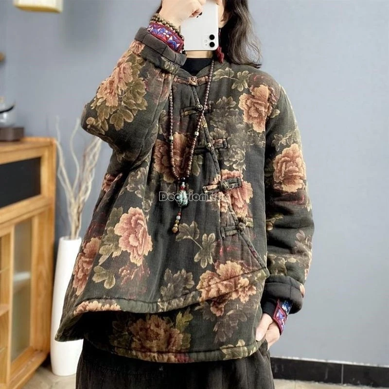 2025 fashionable retro style cotton linen coat chinese style dainty printed irregular design coat plush thicken temperament top