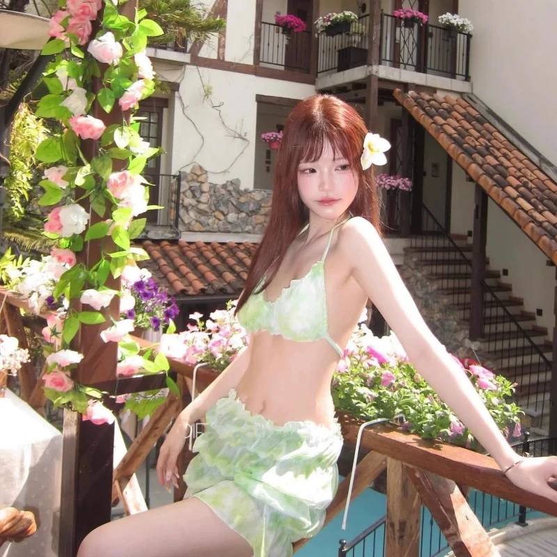 Set bikini premium da donna Vintage Ditsy floreale illuminante costume da bagno 3 pezzi copricostume da spiaggia a vita bassa per piscina