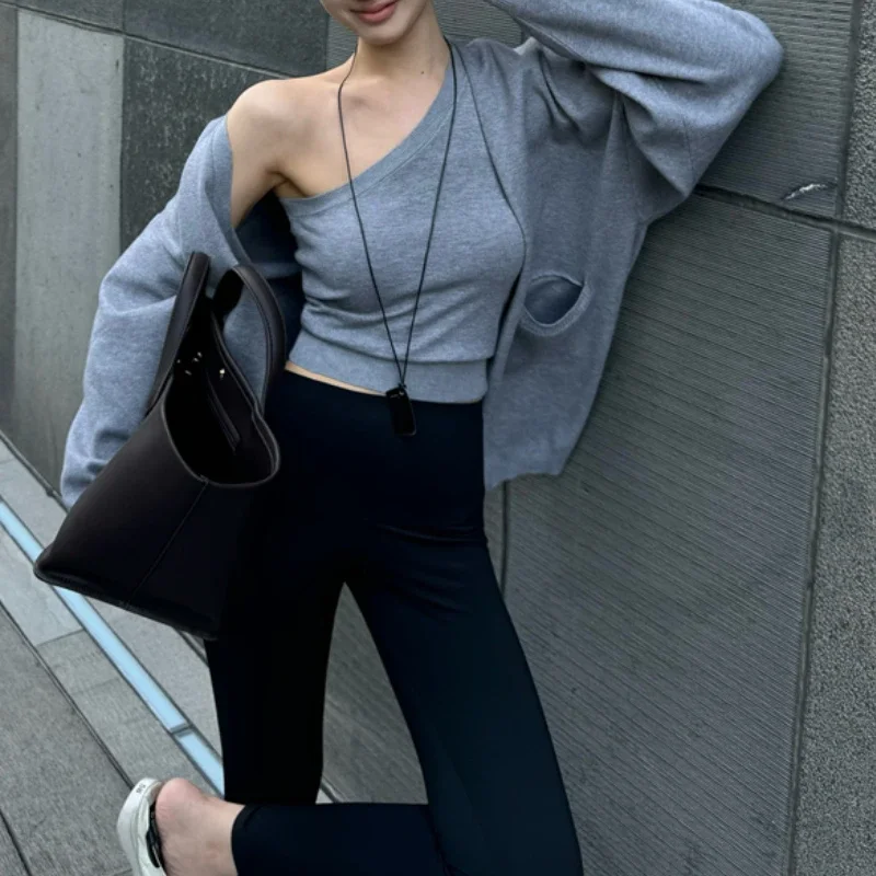 2024 Winter for Women Crop Tops Vintage Korean Retro High Street Sweater Cardigan + Vest 2-pieces Suit Knit Jacket Tops