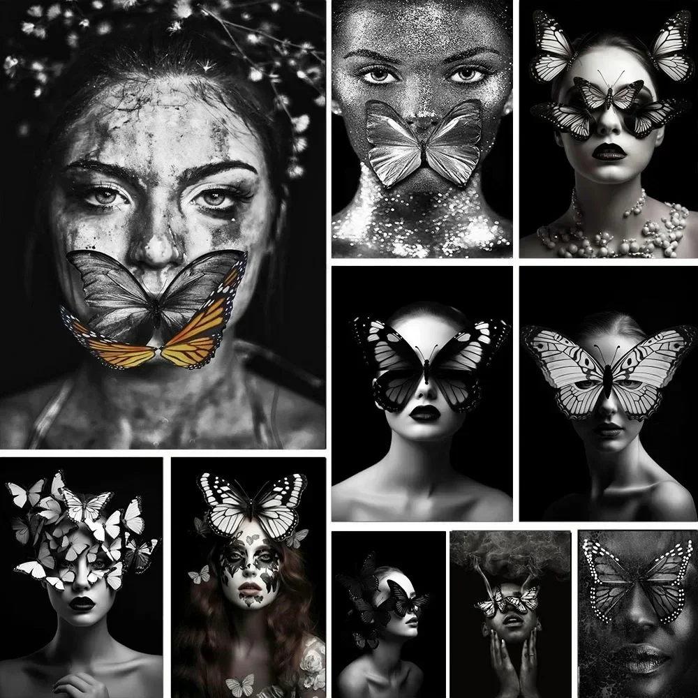 2027 Modern Simple Wall Art Butterfly Woman Portrait Fashion Girl HD Canvas Print Poster Home Living Room Bedroom Decoration