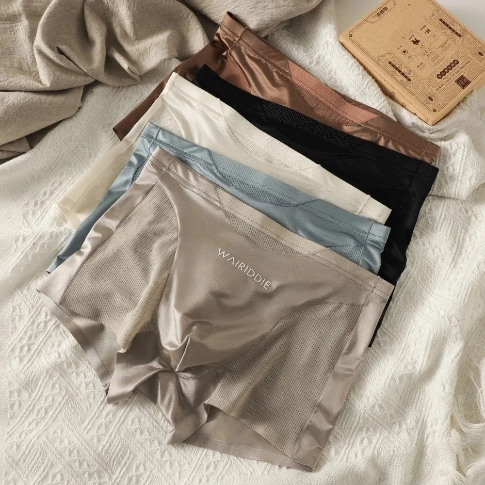 Underpants Mesh Ice Silk Underwear Mid Waist Lingerie Satin Silk Boxer Briefs Seamless Flat Pants Cool Panties Daily Wear