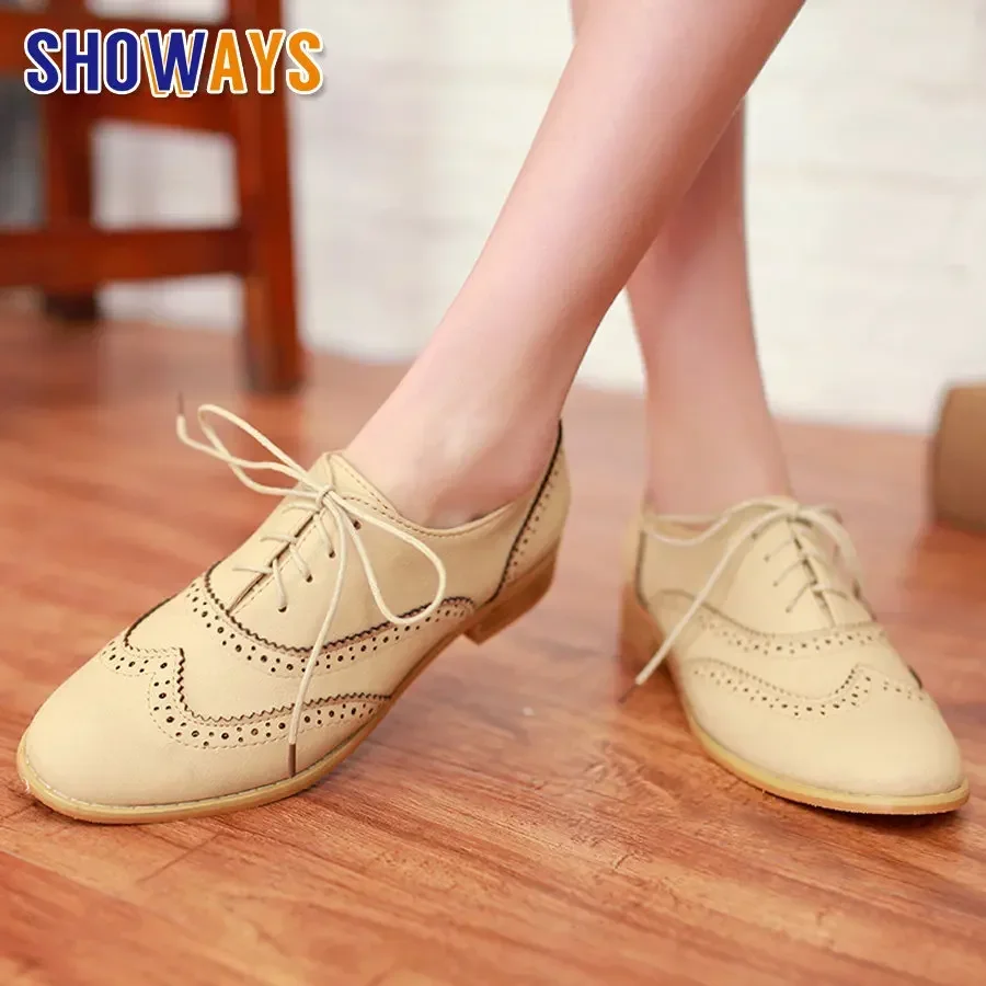 2024 Vintage Flats Women Oxfords Black Beige PU Round Toe Low Square Heel Brogues Casual Office Party Lace Up Ladies Dress Shoes