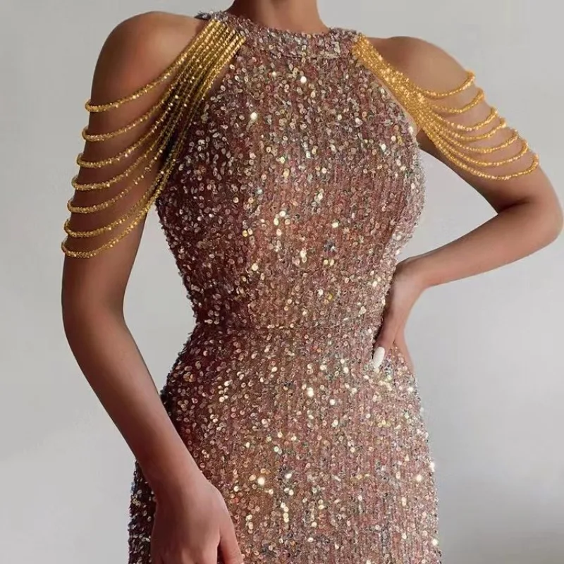 

2024 Fashion Women Sequins Dress Hanging Neck Sexy Ladies Crystal Tassel Hip Midi Evening Gowns dress for women