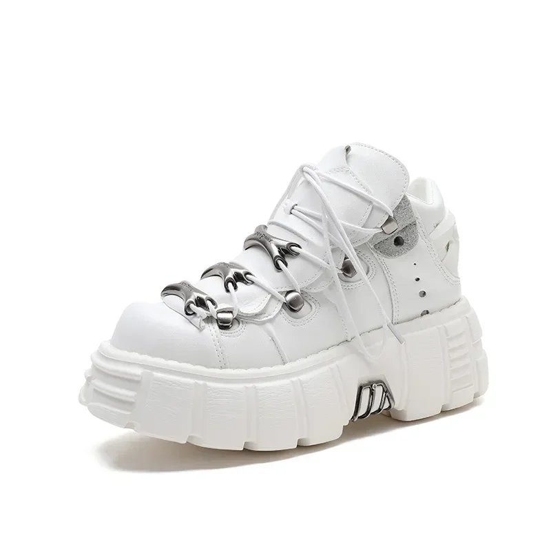 Baskets à Lacets de Style Punk pour Femme, Chaussures Montantes à Plateforme de 6cm, Décontractées, avec Décor en Métal, 2024