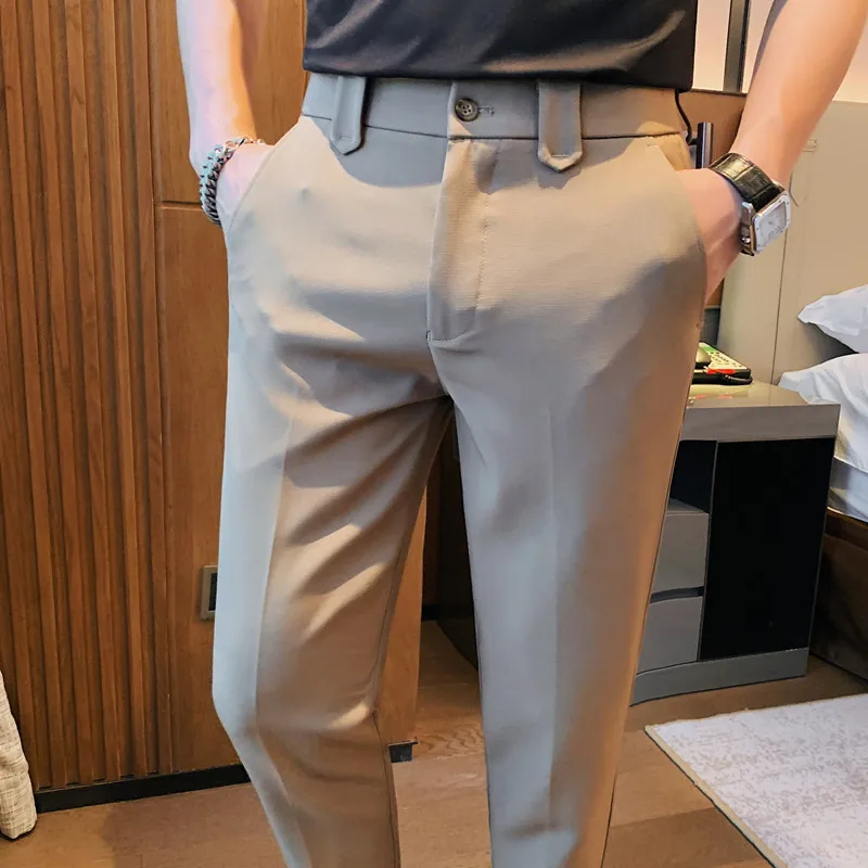 2023 Summer Solid Color Casual Pants Men Slim Casual Business Formal Suit Pants Ankle Length Office Social Trousers Men Clothing