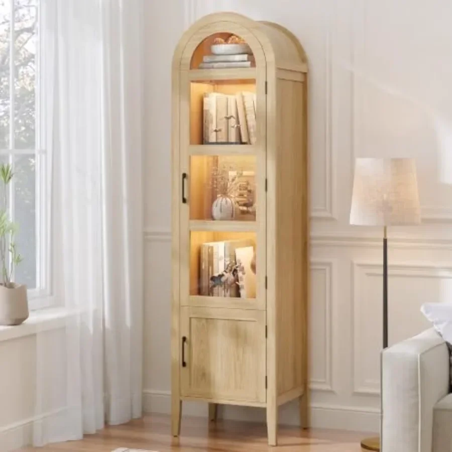 71 Narrow Arched Display Cabinet with Glass Doors for Living Room, Wood, White, Adjustable Shelves