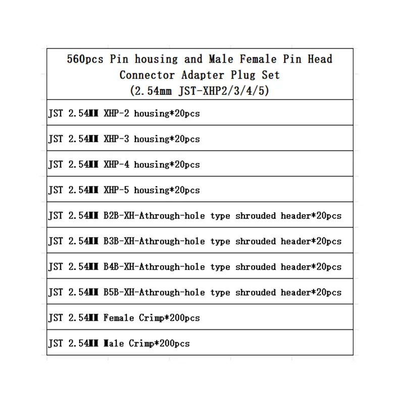 560pcs XH2.54 2p 3p 4p 5 pin 2.54mm Pitch Terminal Kit / Housing / Pin Header JST Connector Wire Connectors Adaptor