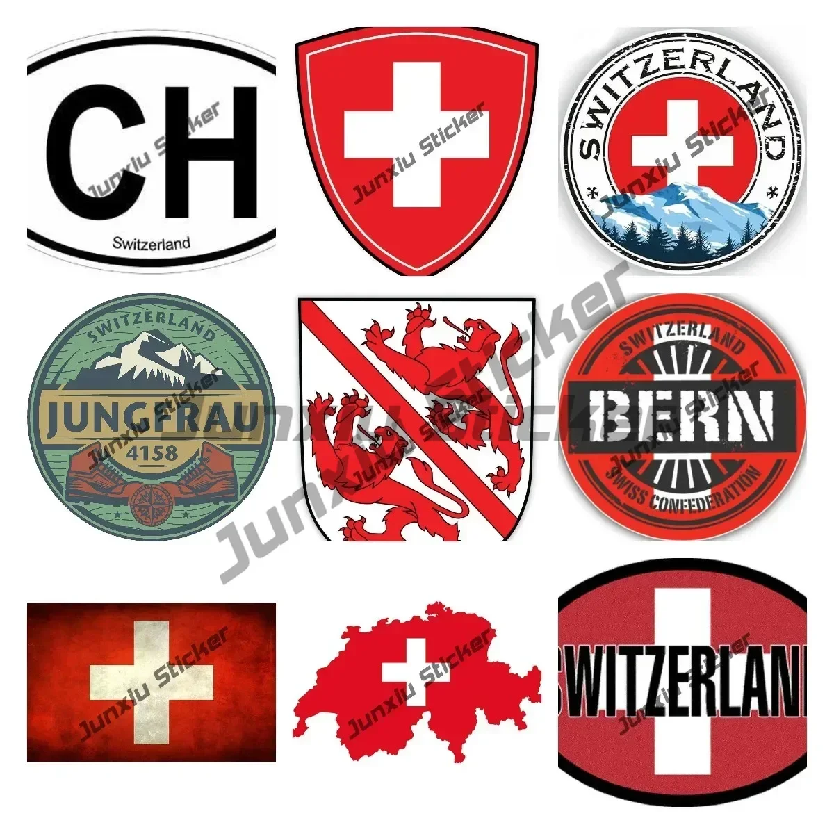 

Winterthur Coat of Arms Bern Switzerland Waterproof Sticker Swiss Alps Jungfrau with Flag Map Skull Decal Oval Country Code CH