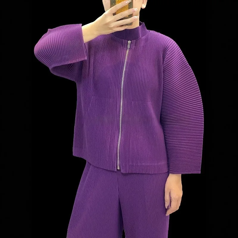 

Miyake Pleated Jacket 2026 Spring New Versatile Solid Color Casual Zipper Cardigan Top Straight Pants Simple Commuter Suit Women