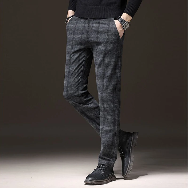 

Men Checks Casual Breathable Suit Pants Male trend Business Versatile Slim Fit Blazer Pants Sports Versatile Blue Gray Trousers