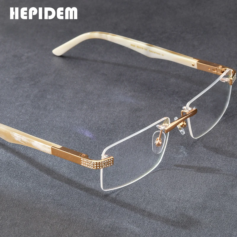 HEPIDEM Buffalo Horn Glasses Frame Men Brand Design Square Luxury Diamonds Sumptuous Buffs Rimless Eyeglasses for Women
