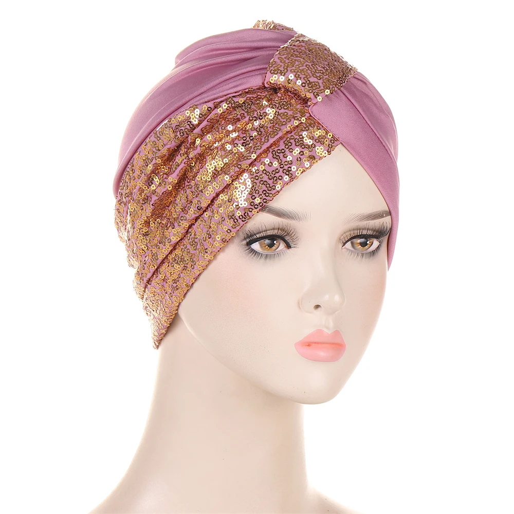 Glitter Sequins Women\'s Turban Caps Muslim Fashion Knot Head Wraps Indian Hat Islamic Headwear Chemo Cap Lady Hair Accessories