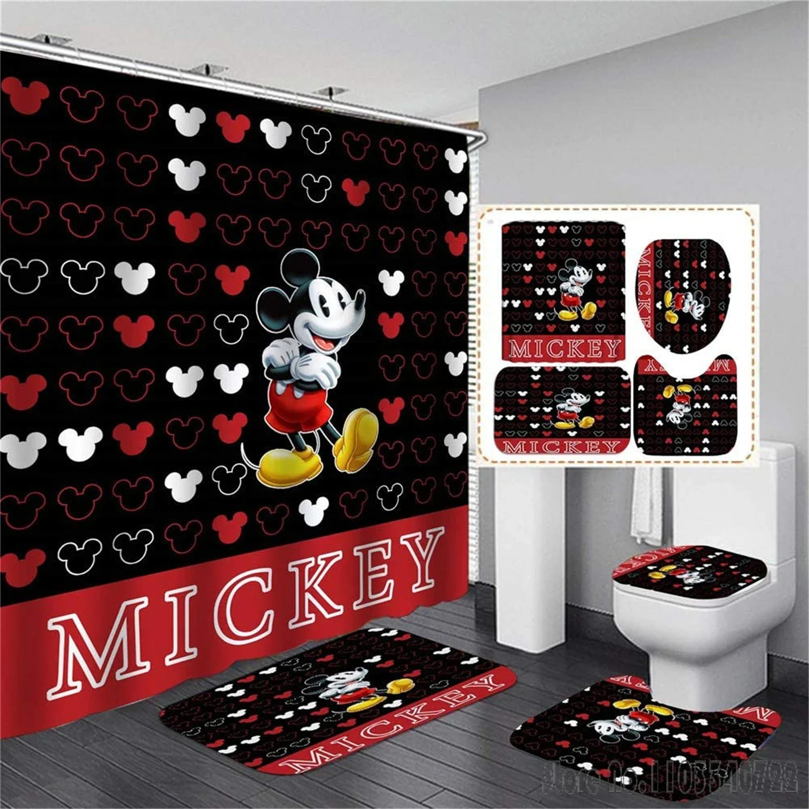 Disney Mickey Mouse Anime Bath Shower Curtain Set 4pcs with Hooks Waterproof Bathroom Toilet Mat Lid Decor