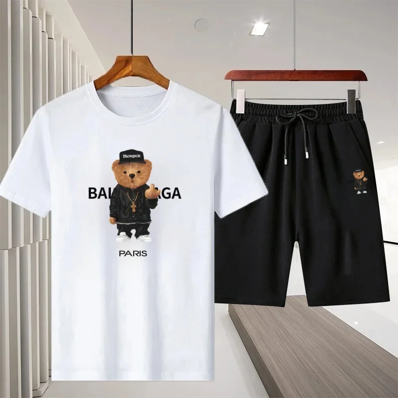 

Men's Summer Sports Set Casual Breathable Short-Sleeved T-Shirt And Shorts Two-Piece Fashionable Printed Teddy Bear Design