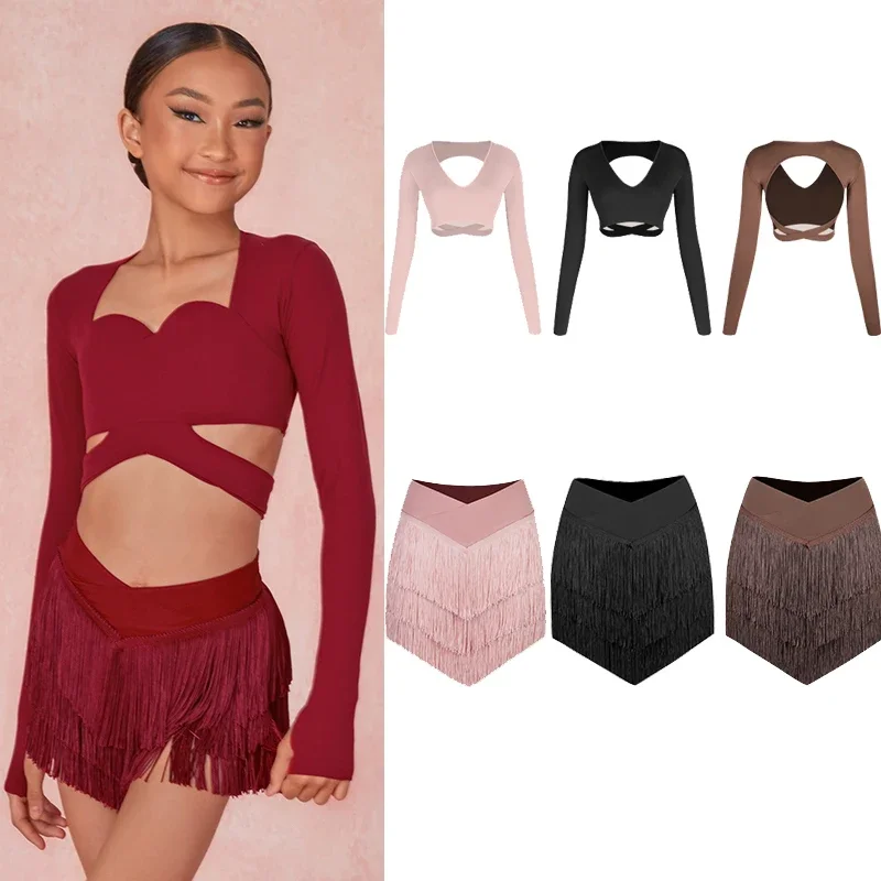 

Детское платье для латинских танцев ZYM, костюмы для латинских танцев для девочек, юбки с длинными рукавами и кисточками, тренировочный костюм, самба-чача