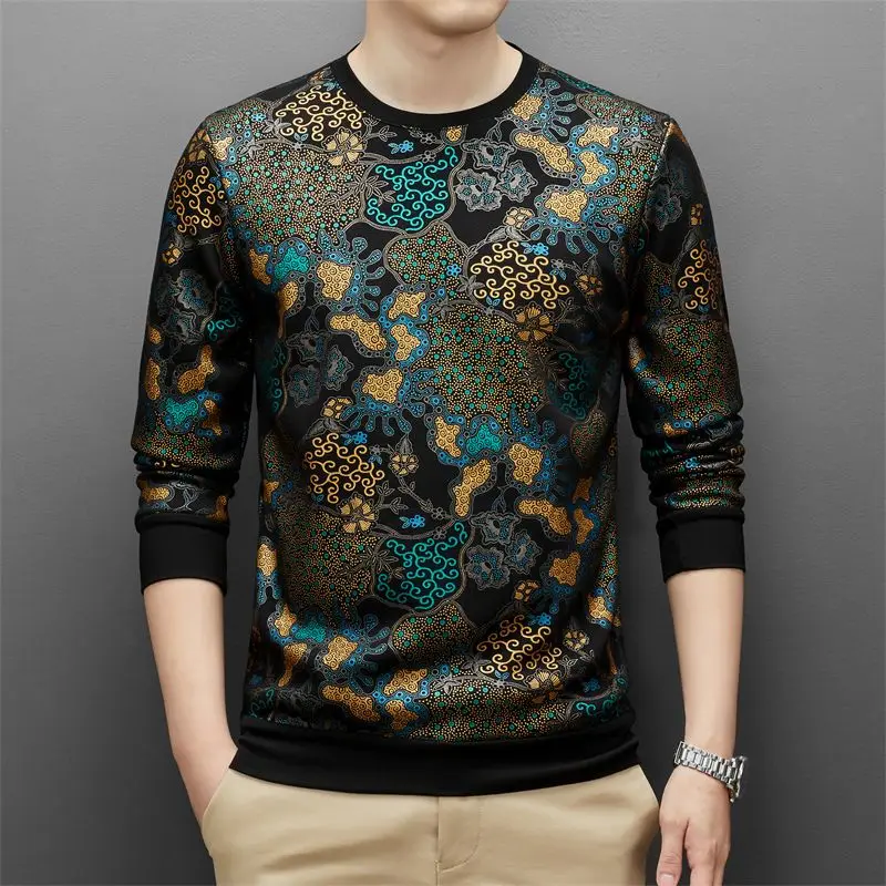 Fall Winter Flower Sweater Printed Round Neck Long Sleeve Unusual Stylish Mens Clothing Large Size Pullover Jumper For Mens Top