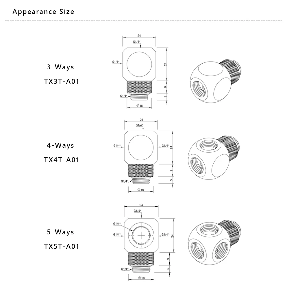 BARROW 3/4-Way Spherical Fittings G1/4 Threaded Adapter Brass T-Type Rotary Ball Cube Connector for PC Water Cooling TX4T-A01