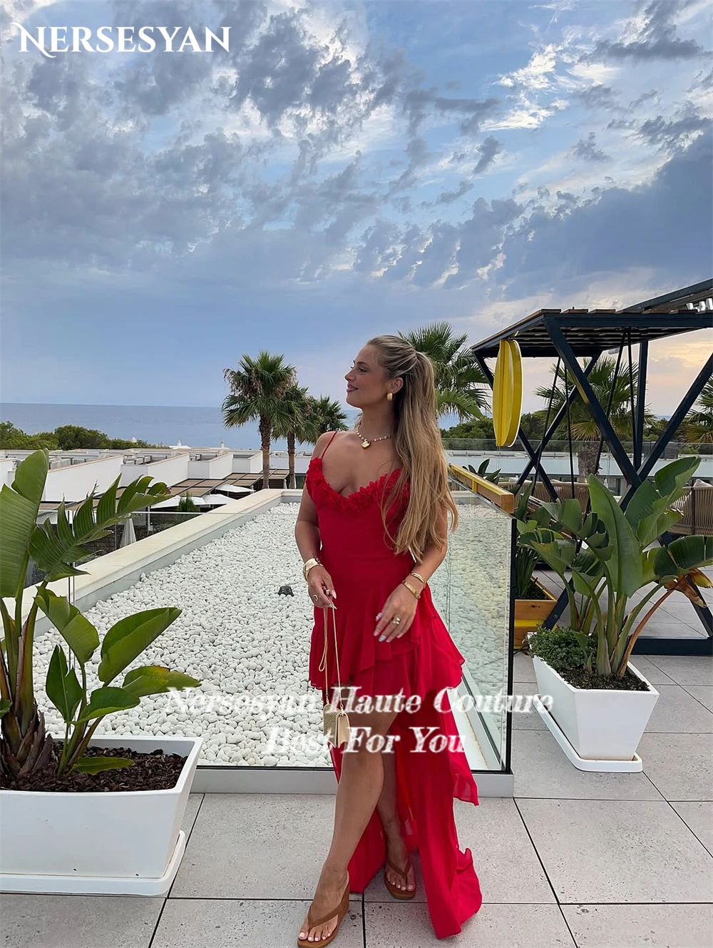 Nersesyan luxe rouge robes de bal bretelles Spaghetti fleurs 3D volants robe de soirée formelle haut/bas robes de soirée 2025 personnalisé