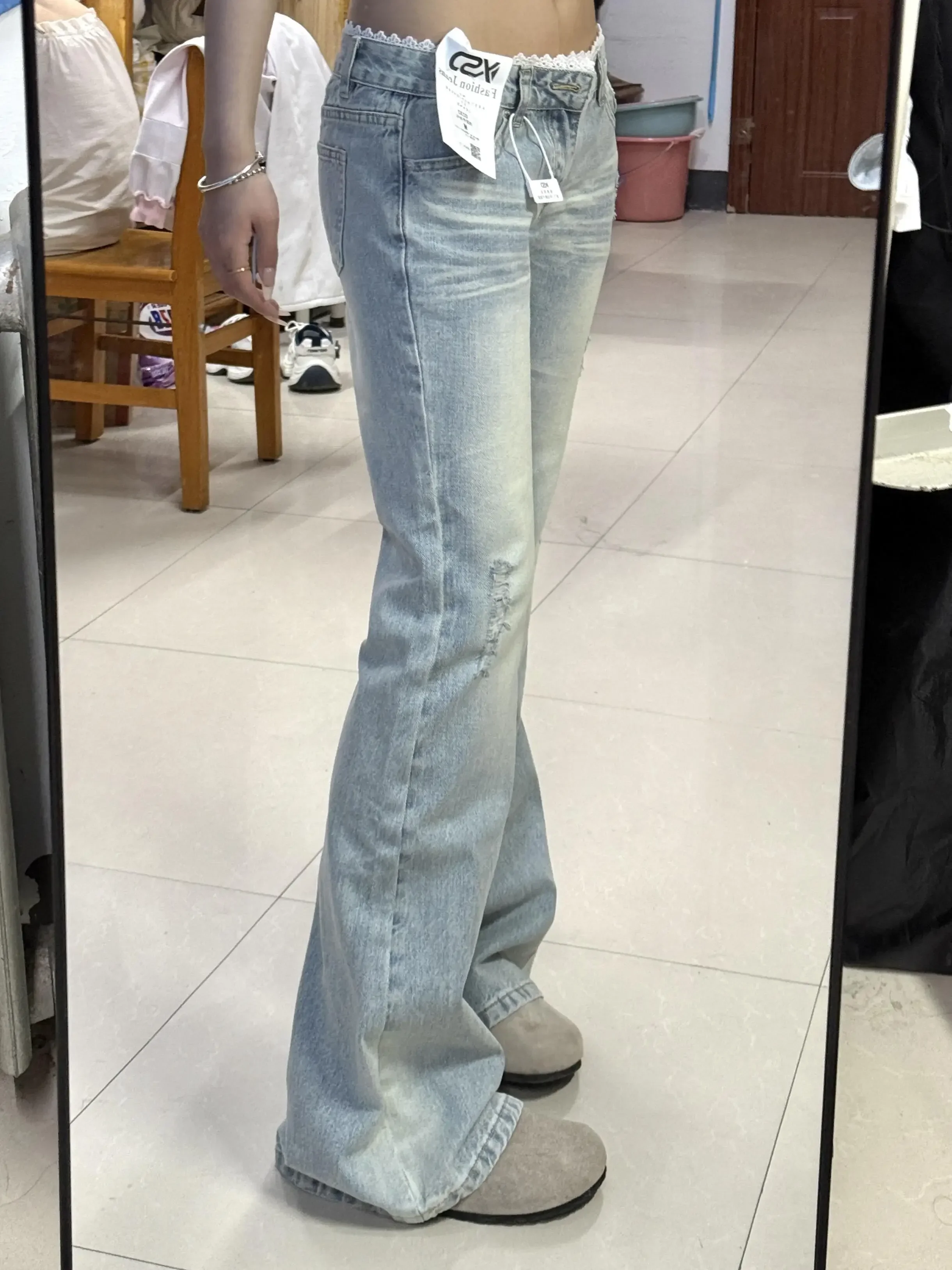 

Женские винтажные синие расклешенные джинсы с низкой талией и шнуровкой, летние тонкие сексуальные дизайнерские брюки-тапочки, повседневные модные брюки 90-х годов