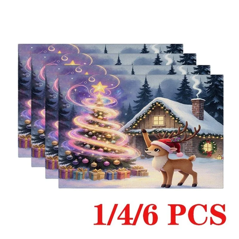 Linen Christmas Placemat Magic Glowing Spiral Christmas Tree Reindeer Snow Covered Cabin Pine Forest Gift Box Print Table
