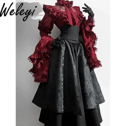 Gothic Lolita Jacquard Long Skirt Suit Halloween Costume Ji Sleeve Sk Red Shirt and Elegant Slimming High Waist Black Skirt Set