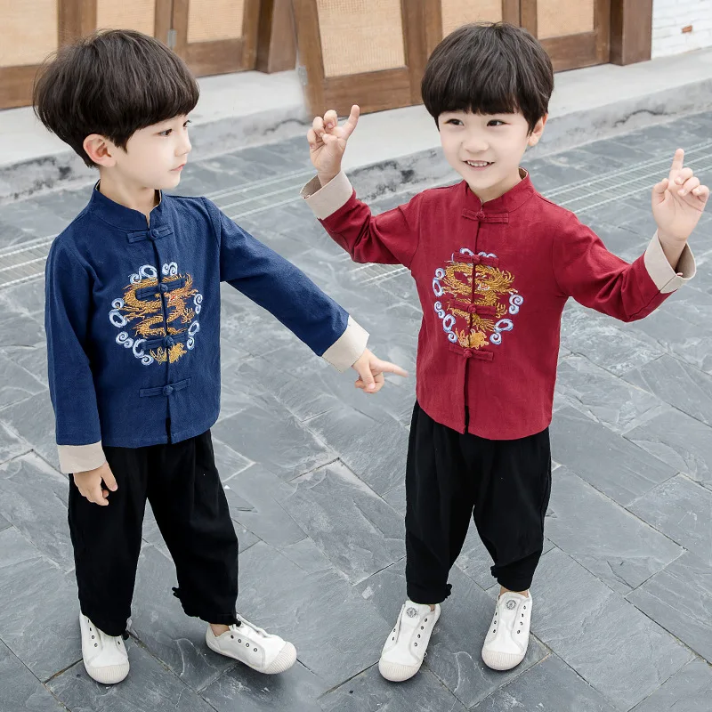 Chinese Style Boys Clothing Sets Hanfu Photo Clothes Sets Spring Autumn Suit For Girls Children Linen Kid Suit Toddler Costumes