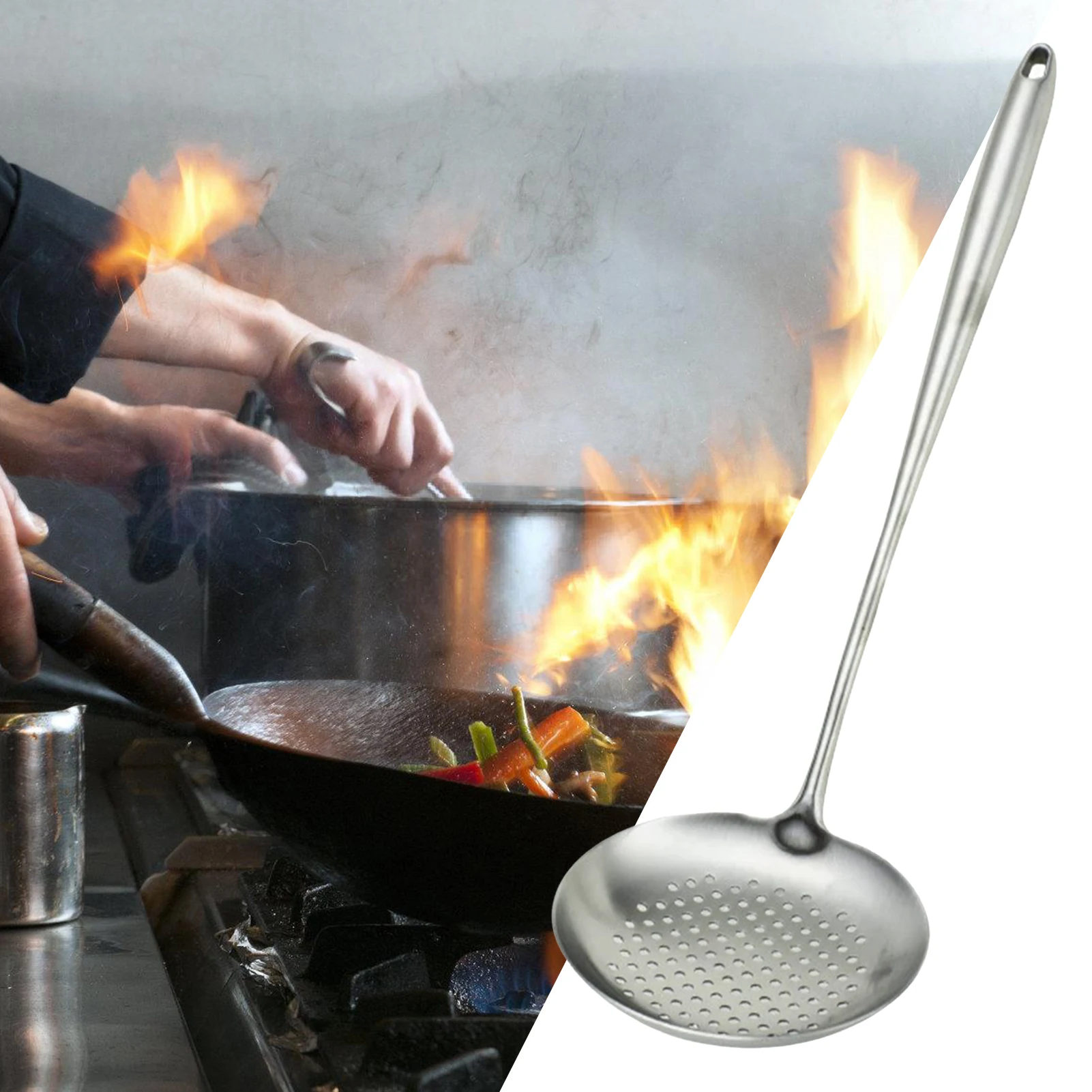 ステンレス製スキマーストレーナー、スプーン付きフィルターネット、キッチン用、揚げ物、麺料理用調理器具